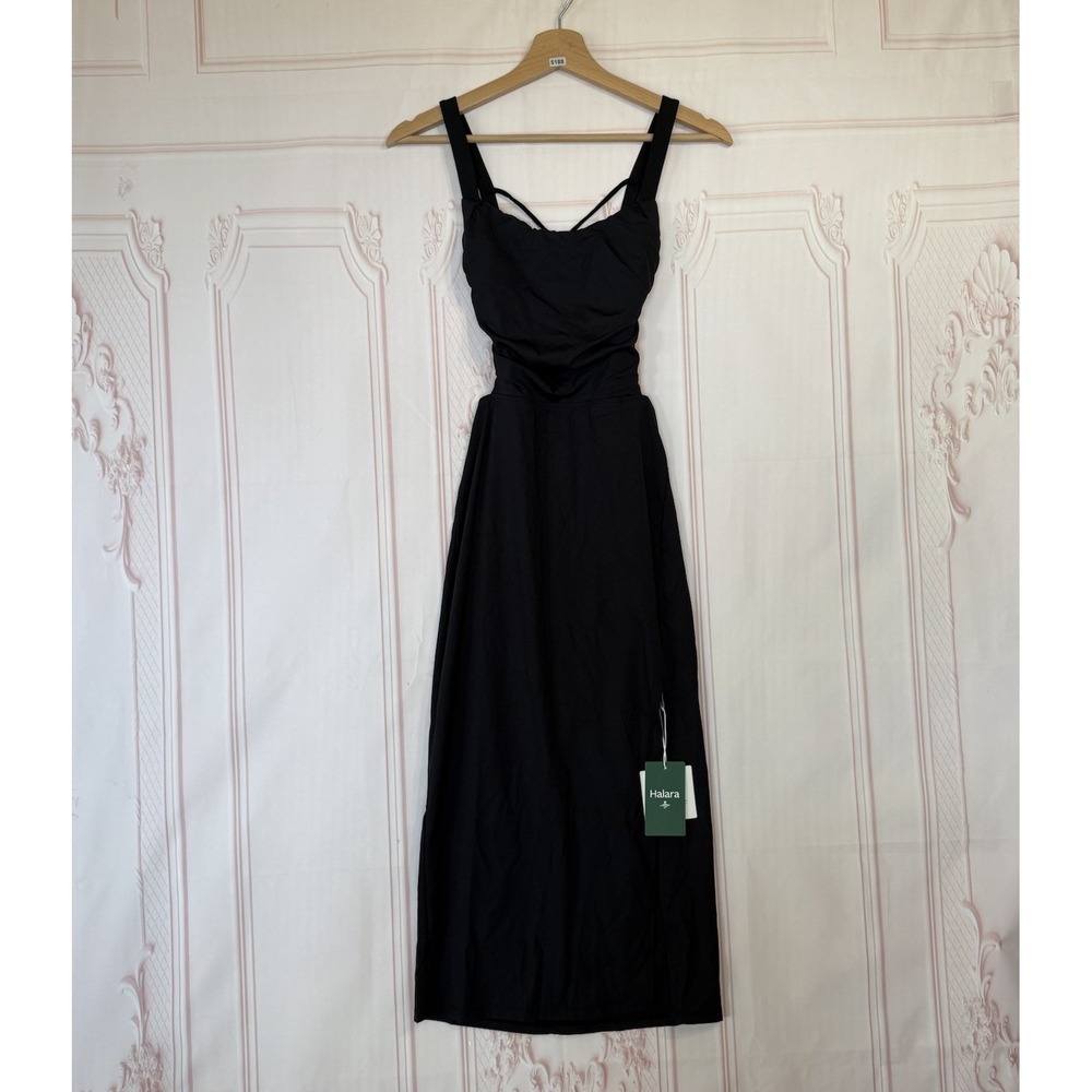 HALARA SoftlyZero Size S Ruched Lace Up Bodycon Midi Casual Dress Black NWT